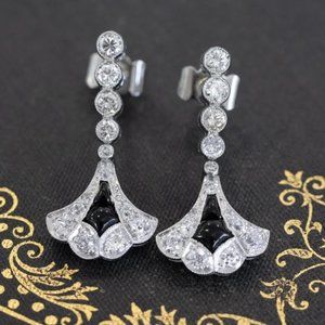 Platinum Art Deco Onyx and Diamond Fan Drop Earrings